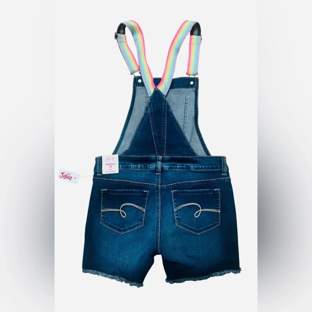 NWT - Justice Blue Denim Shortalls with Colorful Straps